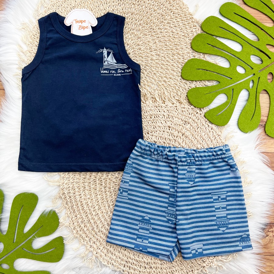 Conj. Regata Waves Rise e Bermuda Farol - Azul Marinho e Jeans